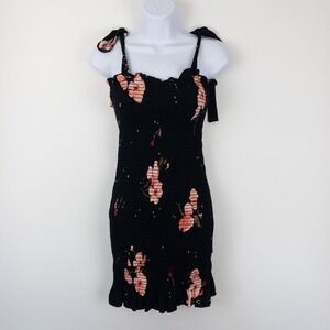 Free People Floral Dress Womens S Black Bella Smocked Ruffle Tie Made USA